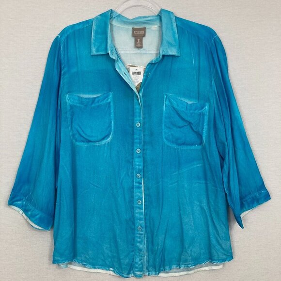 Chico's Tops - New Chico's Blue Aqua Color‎ Spray Ultra Soft Flowy Button Down XL/3 Preppy